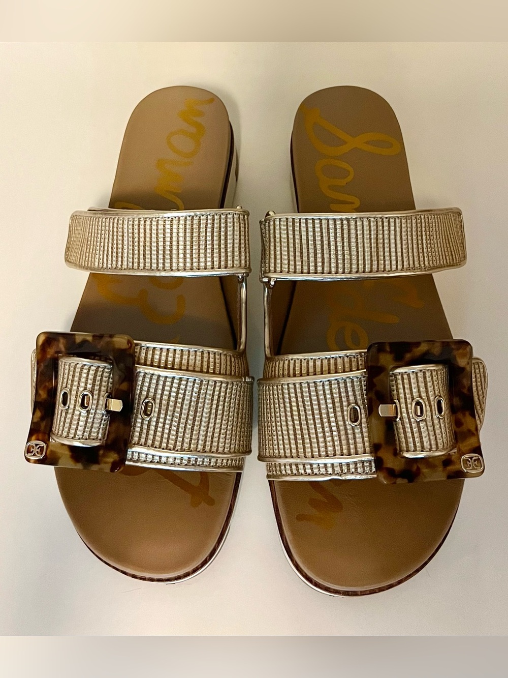 Sam Edelman Adrianna Gold Raffia Slides with Tortoiseshell Buckles - Picture 2 of 5